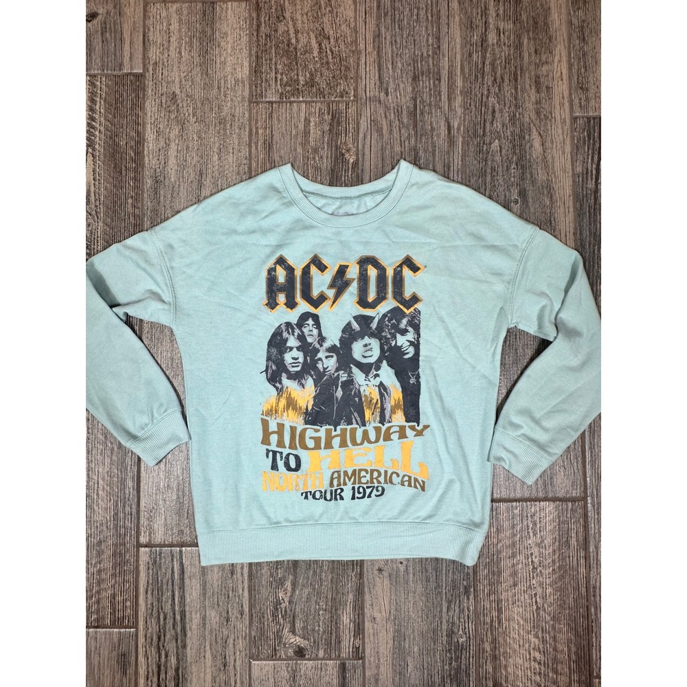 AC/DC Highway to Hell Tour 1979 Graphic‎ Sweatshirt Light Blue Rock Band Womens
